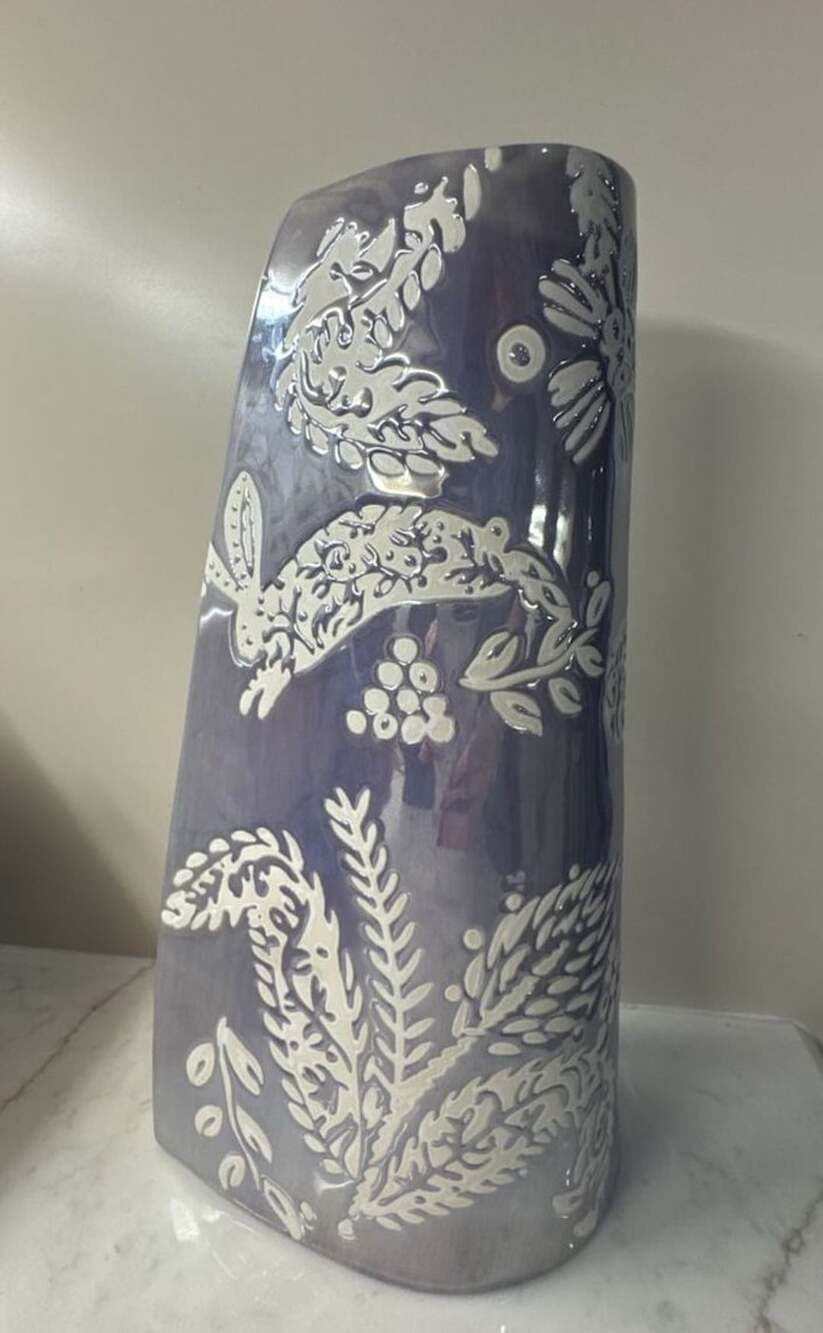 Anthropologie Ceramic Floral and Rabbit Patterned Decorative Vase
